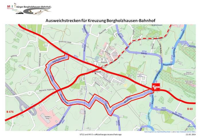 Karte der Ausweichstrecken Oldendorf / Bödinghausen / Ostbarthausen von der Unterschriftenübergabe am 21.08.2014